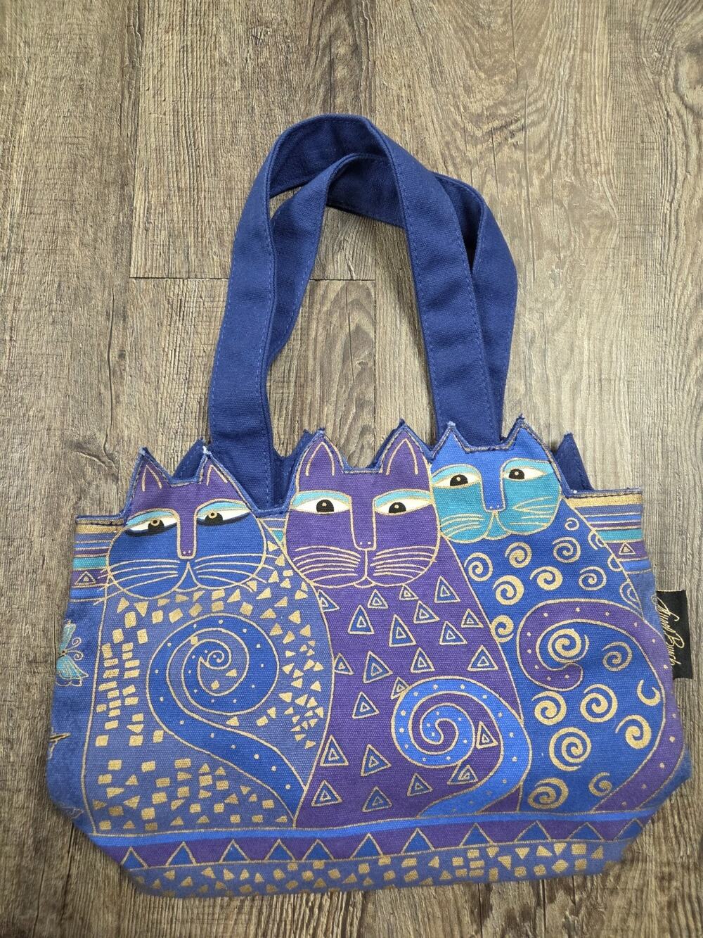 Laurel Burch Indigo Cats Large Cutout Shoulder Tote Canvas Art Bag Purse